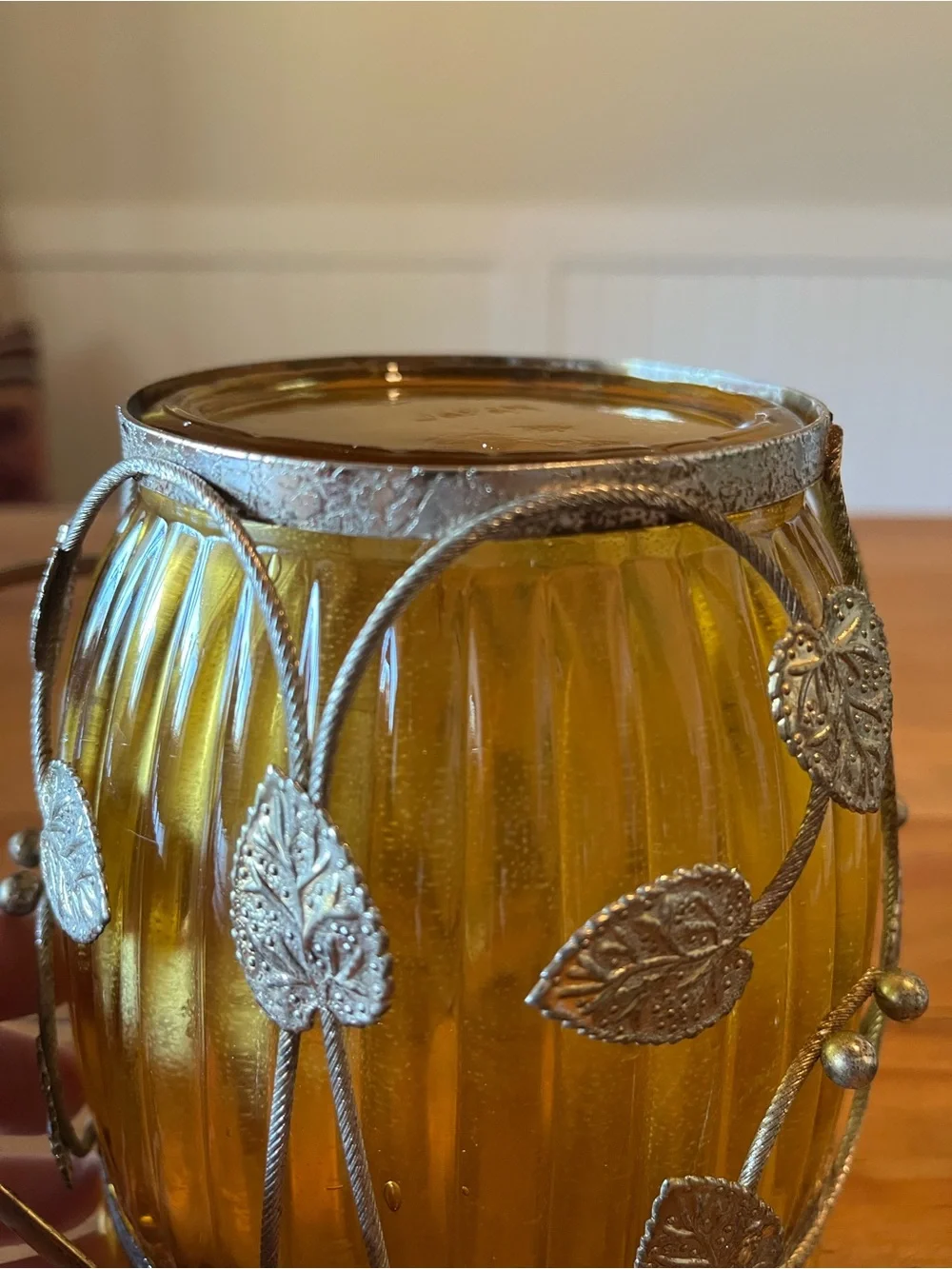 Vintage Amber Glass Ice Bucket with Caged Leaf and Handle